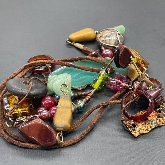 Multicolor Stones Beaded Leather Cord Necklace 47 Inches - Picture 10 of 10